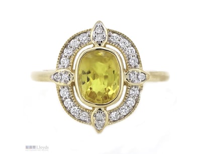 14K YELLOW GOLD, YELLOW SAPPHIRE AND DIAMOND, HALO...