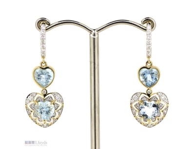14K YELLOW GOLD, AQUAMARINE AND DIAMOND, DROP EARR...