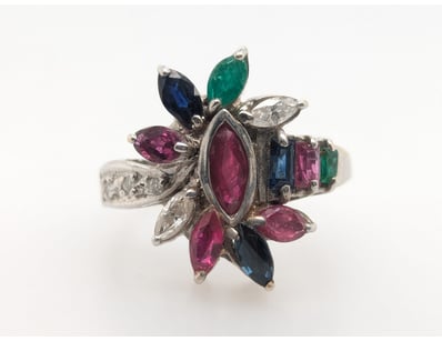 14K WHITE GOLD DIAMOND AND GEMSTONE RING

Gemsto...