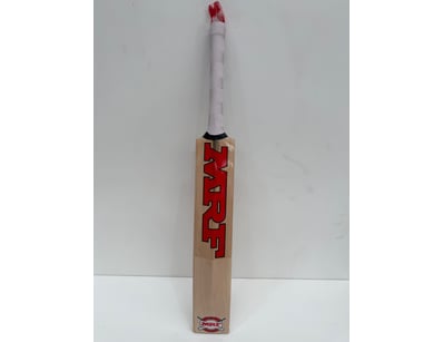 MRF cricket bat featuring a natural wood finish wi...