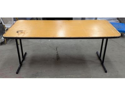 Timber top trestle table, metal fold out legs, siz...