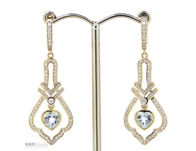 14K YELLOW GOLD, AQUAMARINE AND DIAMOND, DROP EARR...