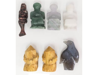 COLLECTION OF EIGHT CARVED CRYSTAL AND JADE FIGURI...