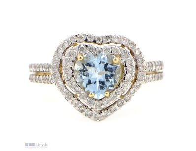 14K YELLOW GOLD, AQUAMARINE AND DIAMOND, DOUBLE HA...