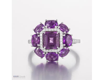 14CT WHITE GOLD AMETHYST AND DIAMOND STATEMENT RIN...