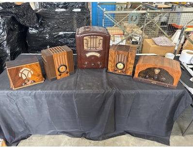 COLLECTION OF FIVE VINTAGE WOODEN RADIO RECEIVERS,...