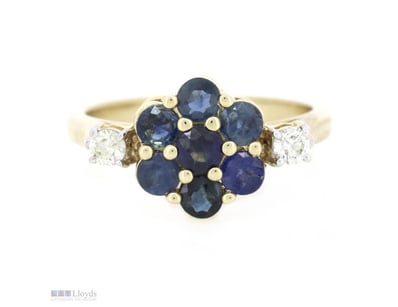 14K YELLOW GOLD, BLUE SAPPHIRE AND DIAMOND, FLORAL...