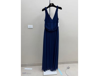 NAVY BLUE PLEATED EVENING GOWN WITH RUCHED WAIST D...