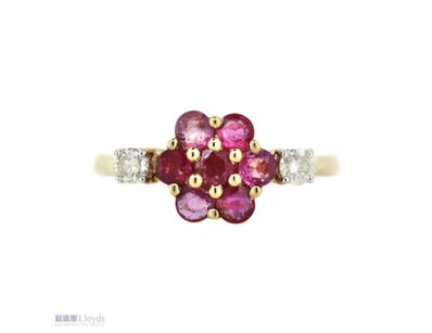 14K YELLOW GOLD, PINK SAPPHIRE AND DIAMOND, FLORAL...