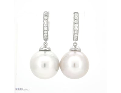 9CT WHITE GOLD SOUTH SEA PEARL AND DIAMOND DROP EA...