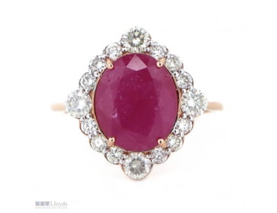 14K ROSE GOLD, 6.14CT RUBY AND DIAMOND, HALO RING....