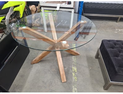 Round Glass Top Table, Wooden Frame Approximately ...