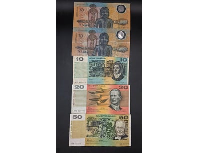 5 AUSTRALIA BANK NOTES, VARIOUS DATES AND CONDITIO...