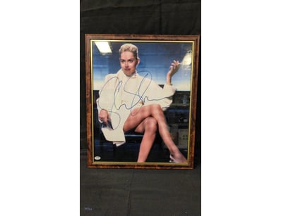 FRAMED AND SIGNED PHOTOGRAPH OF SHARON STONE PSA G...