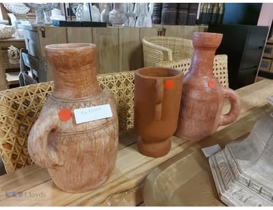 Collection of Three terracotta and wooden vessels ...