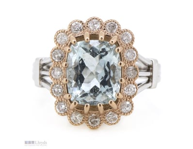 14K WHITE/ROSE GOLD, AQUAMARINE AND DIAMOND, HALO ...