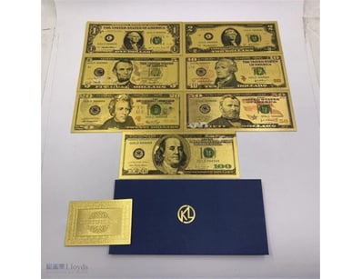 7PC USD 1 2 5 10 20 50 100 DOLLAR BILL GOLD FOIL B...