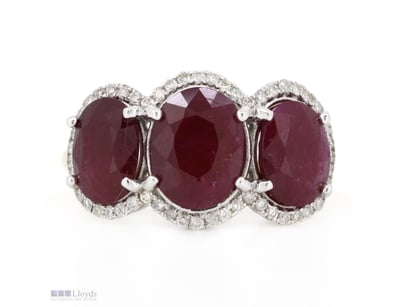 14K YELLOW/WHITE GOLD, RUBY AND DIAMOND, HALO TRIL...