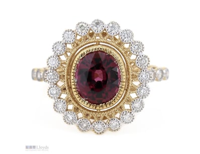 14K YELLOW GOLD, RHODOLITE GARNET AND DIAMOND, CLU...