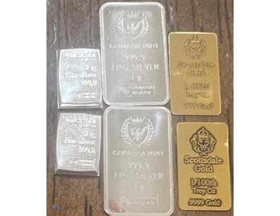 1/100 SCOTTDALE GOLD BAR X 2, 1 GRAM VALCUMBI SILV...