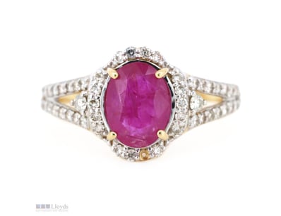 14K YELLOW GOLD, RUBY AND DIAMOND, HALO SPLIT BAND...