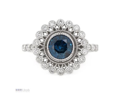 14K WHITE GOLD, BLUE DIAMOND AND DIAMOND, HALO RIN...