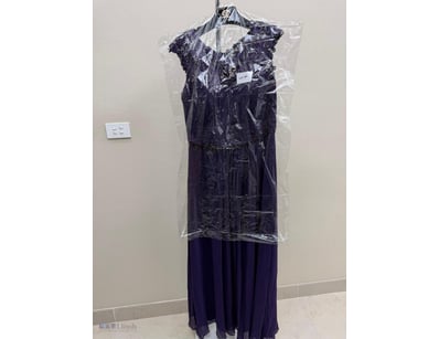 NAVY BLUE BEADED EVENING GOWN WITH LACE CAP SLEEVE...
