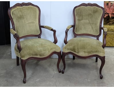 Side chairs,  timber frame, green upholstery, arm ...