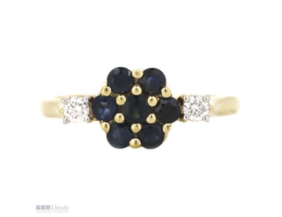 14K YELLOW GOLD, BLUE SAPPHIRE AND DIAMOND, FLOWER...