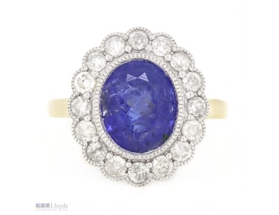 14K YELLOW/WHITE GOLD, TANZANITE AND DIAMOND, HALO...