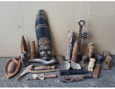 Ornaments, including carved timber animals, tribal...