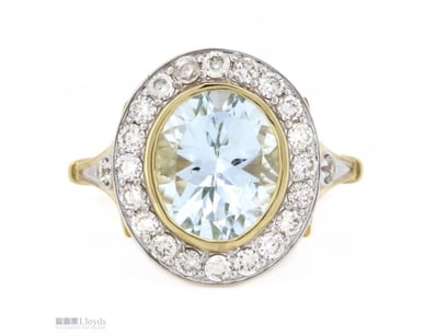 14K YELLOW GOLD, AQUAMARINE AND DIAMOND, HALO RING...