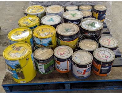 Pallet of paint, brands include Dulux, Watson, Cab...