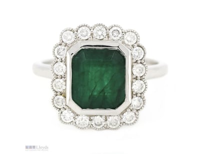 14K WHITE GOLD, 3.12CT ZAMBIAN EMERALD AND DIAMOND...