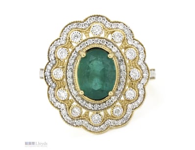 14K YELLOW GOLD, EMERALD AND DIAMOND, CLUSTER STAT...