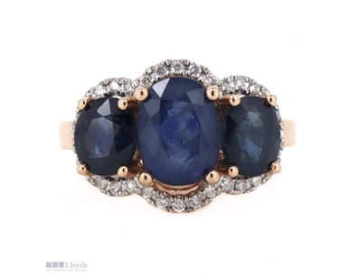 14K ROSE GOLD, BLUE SAPPHIRE AND DIAMOND, HALO TRI...
