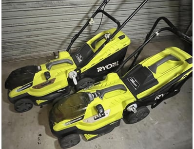 Ryobi 18V lawn mowers. 2 x OLM1836H mowers, 2 x ca...