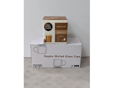 Double walled glass cups and dolce gusto cafe au l...