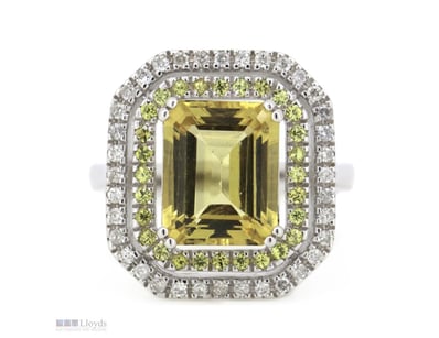14K WHITE GOLD, HELIODOR, FANCY YELLOW SAPPHIRE AN...