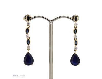 14K YELLOW GOLD, BLUE SAPPHIRE AND DIAMOND, DROP E...
