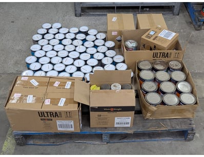 Pallet of paint, brands include Dulux, White Knigh...