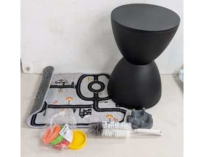 Collection of homeware items including black hourg...
