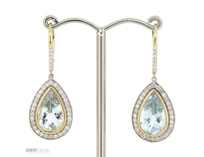 14K YELLOW GOLD, AQUAMARINE AND DIAMOND, HALO DROP...
