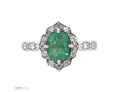 14K WHITE GOLD, EMERALD AND DIAMOND, HALO DRESS RI...