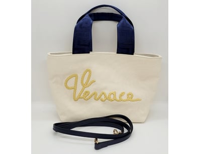VERSACE CANVAS TOTE BAG WITH NAVY HANDLES AND GOLD...