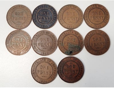 10X 1936 AUSTRALIAN ONE PENNY COINS

488567+44
...
