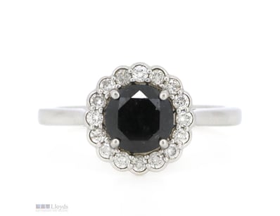 14K WHITE GOLD, BLACK DIAMOND AND DIAMOND, HALO RI...