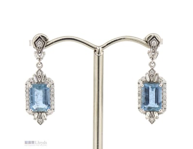 14K WHITE GOLD, AQUAMARINE AND DIAMOND, DROP EARRI...