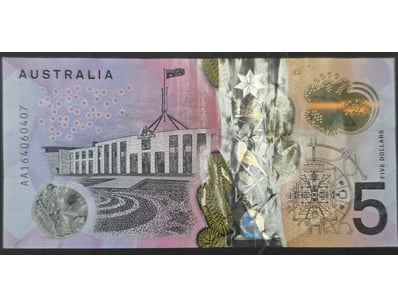 AUSTRALIAN BANK NOTE, 2016 $5 FIRST PREFIX AA16 ST...