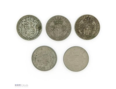 5 X 1921-1963 HALF CROWN COINS. ALL 5 COINS HAVE D...